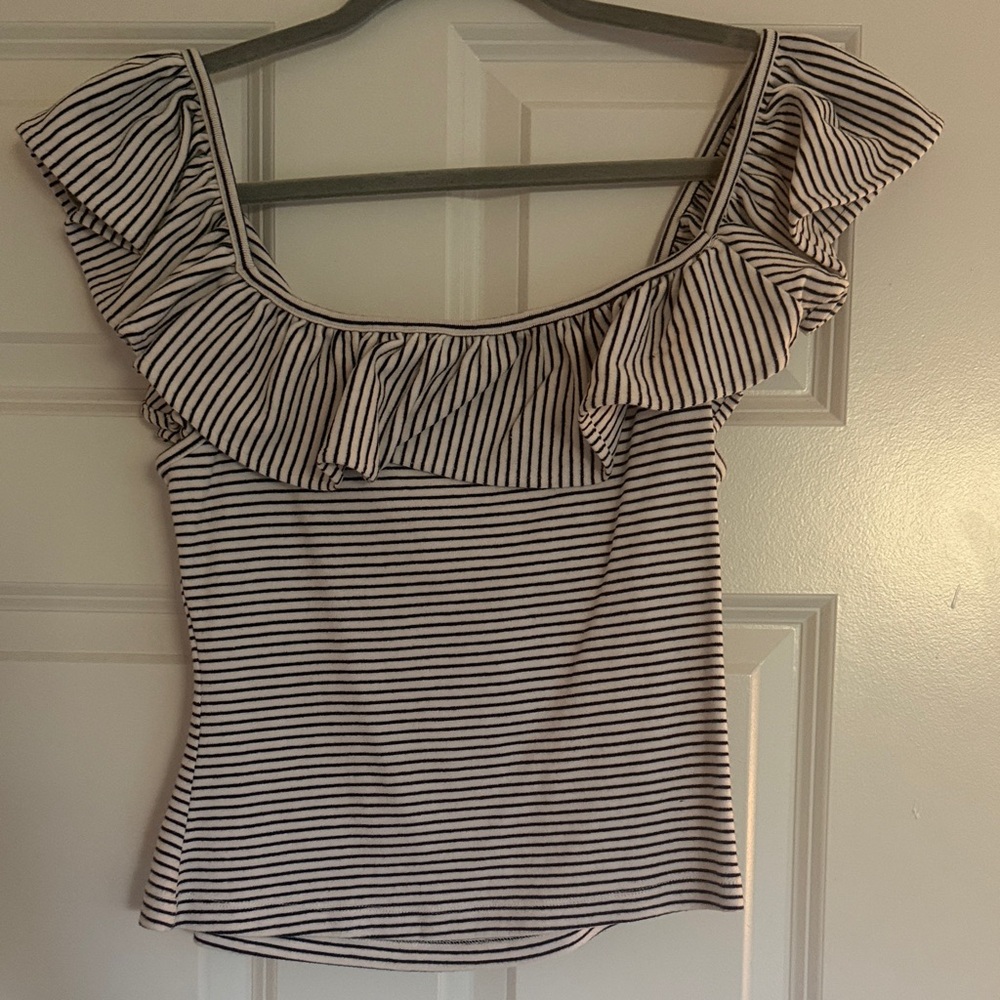 Maeve Black and White Striped Ruffle Blouse